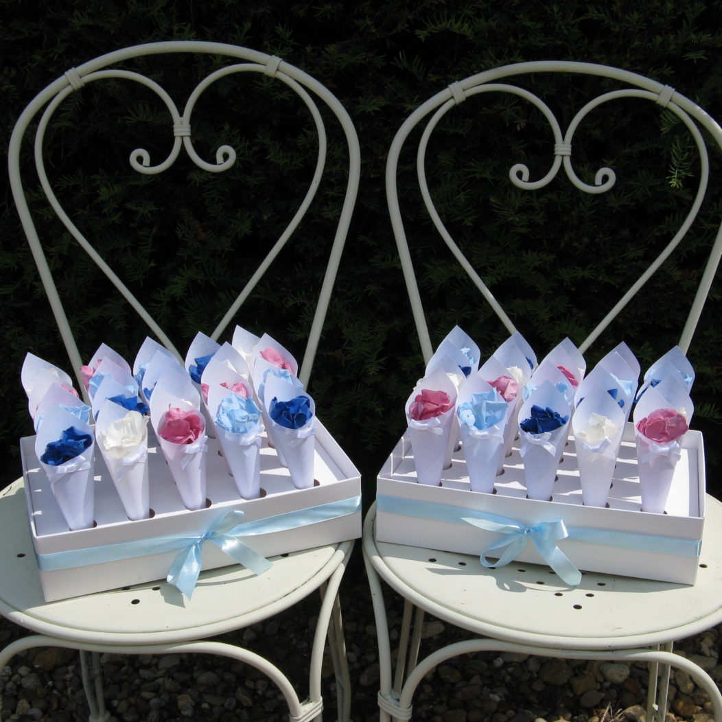 Leave Cone Trays in a handy spot for guests to help themselves – White Parchement Confetti Cones filled with Cherry Blossom, Blue, White and Light Blue Coloured Rose Confetti Petals