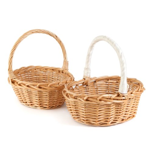 two oval confetti baskets, one with a cream ribbon handle