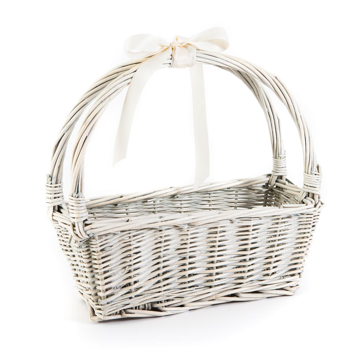 small white basket with cream ribbon