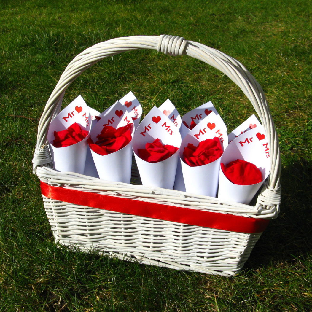 Mr & Mrs Confetti Cones filled with Red Coloured Rose Petals in a Small White Basket with a red ribbon