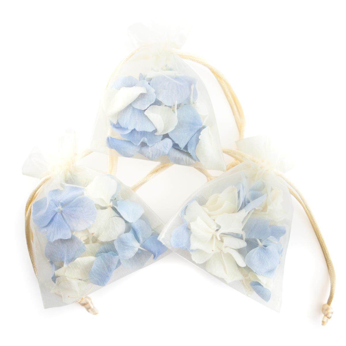 Three Hydrangea Petal Confetti Bags with blue and white mixed petals