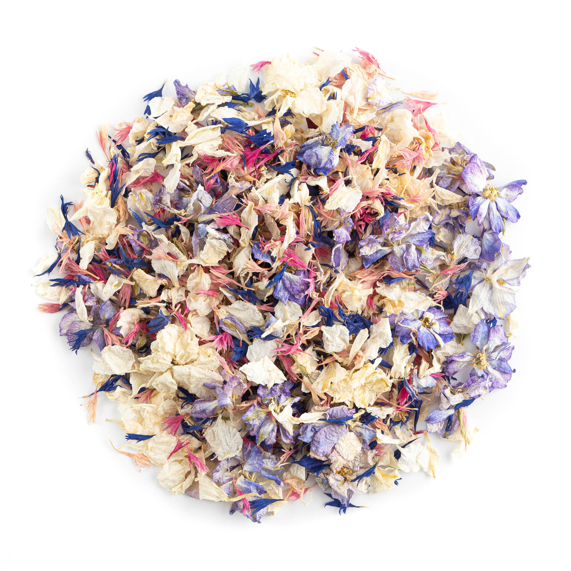 A pile of Midnight Twist Delphinium and Wildflower Petals