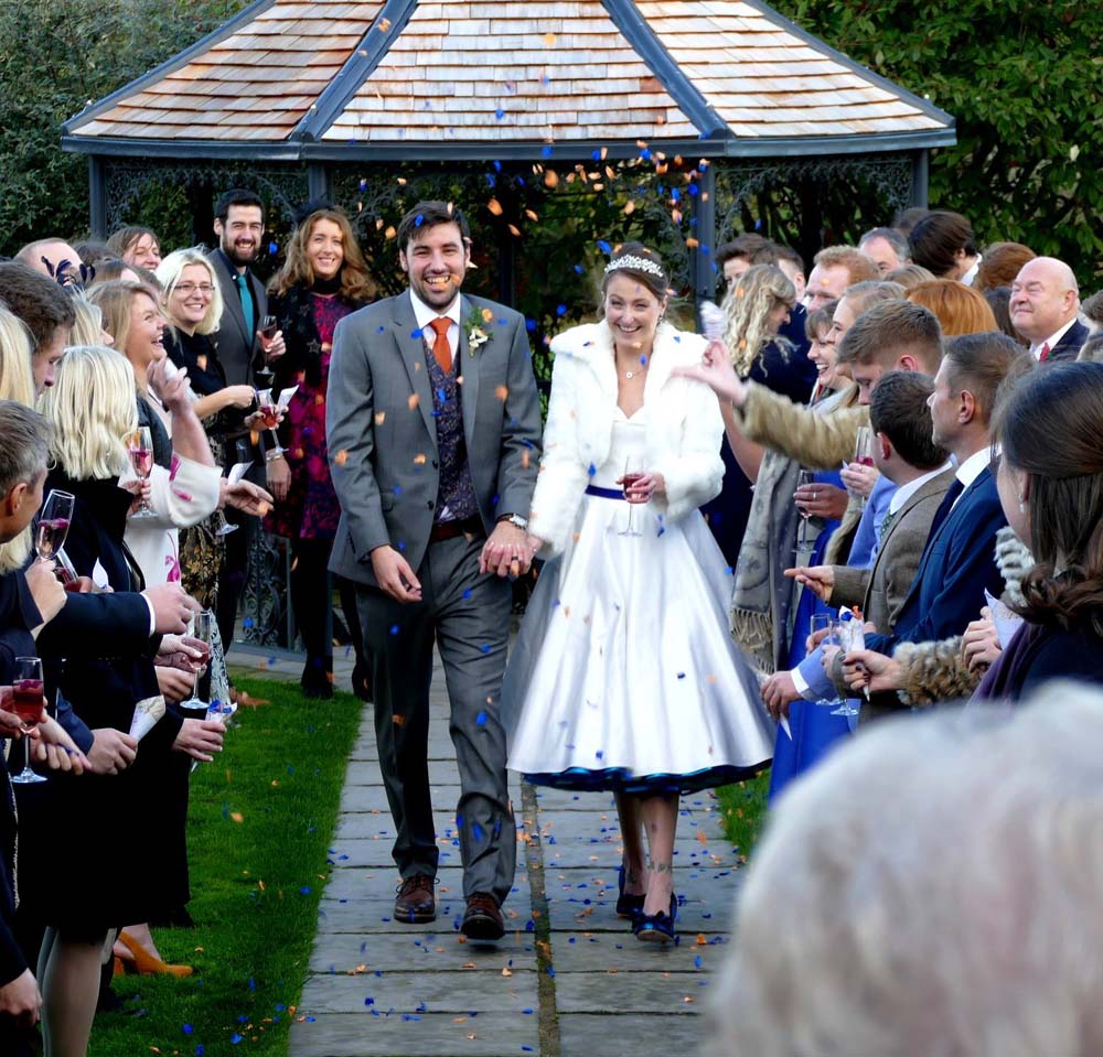 Liz Robertson and Will Holt, 5th November 2017, Curradine Barns (1) Real Flower Petal Confetti Moment - Winter Weddings