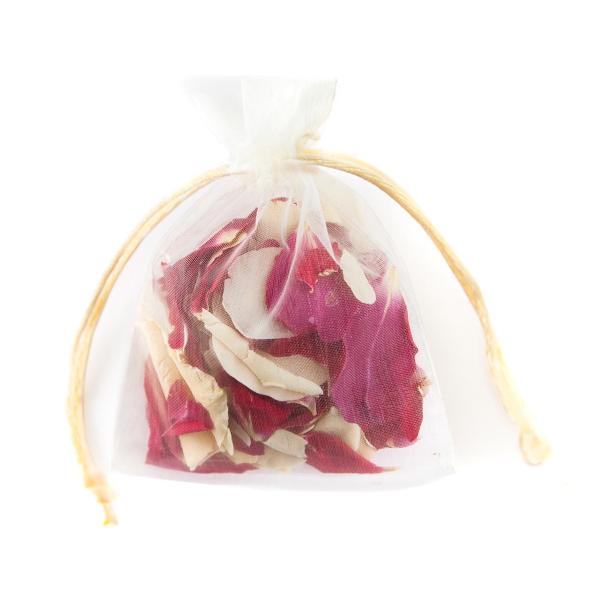 A petal bag filled with Red & Cream Rose Petals.