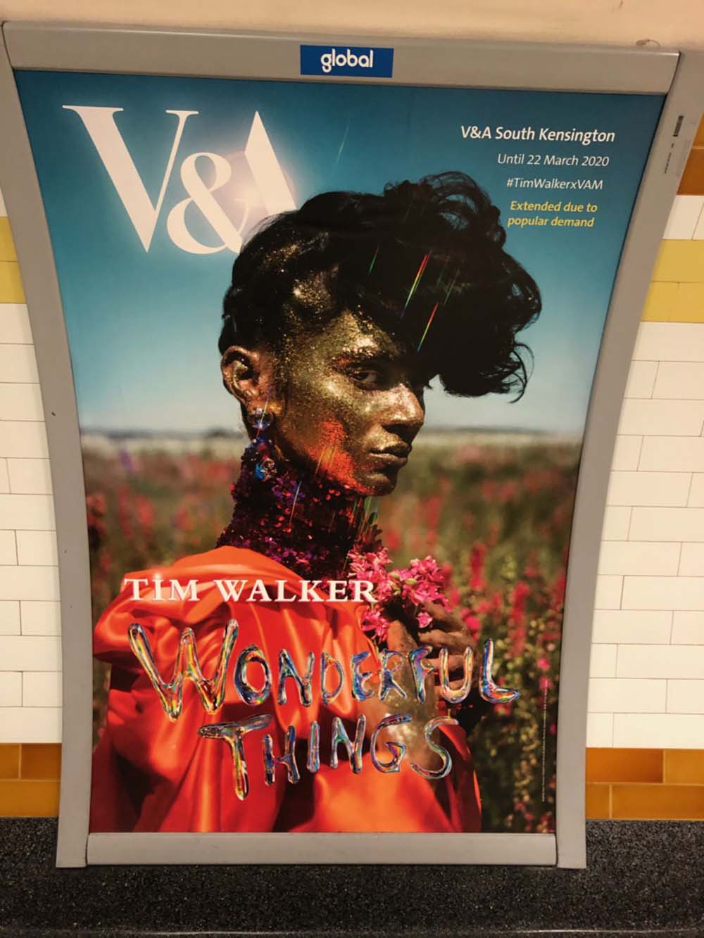 Tim Walker Wonderful Things featuring The Confetti Flower Field Advertising poster on the Tube for the Tim Walker Wonderful Things featuring The Confetti Flower Field