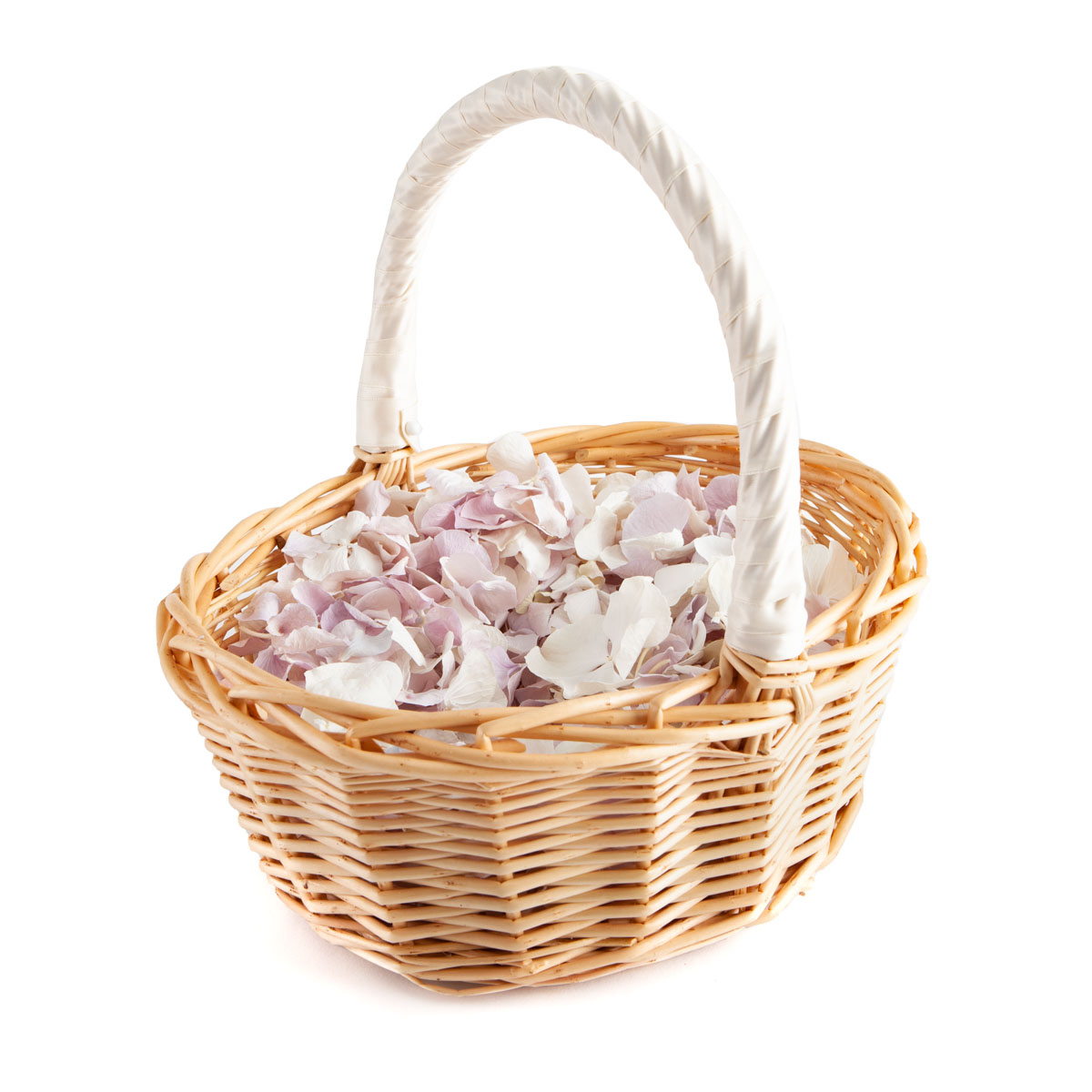Lilac and White Hydrangea Petals in a flower girl basket
