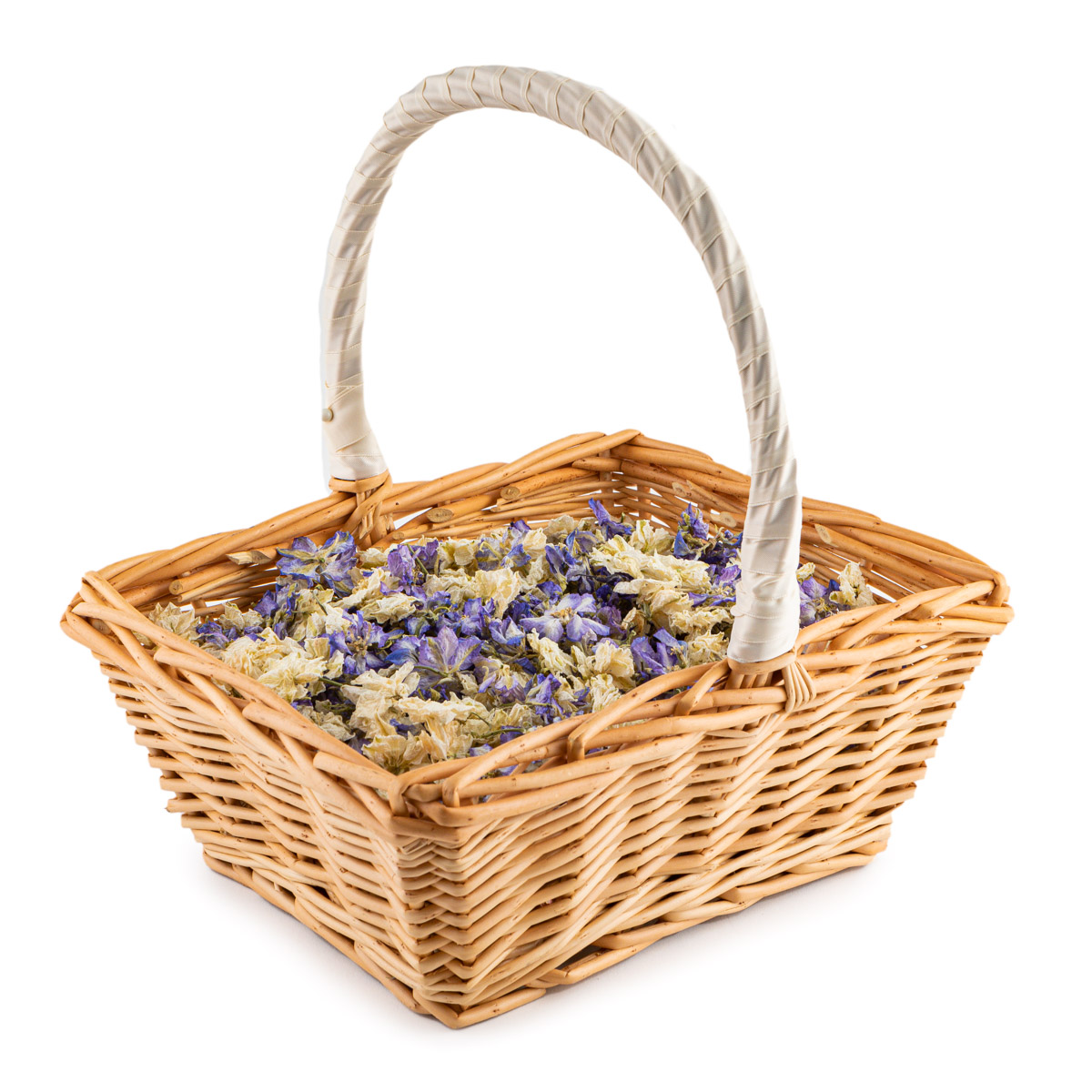 A Rectangular Basket filled with blue and ivory confetti petals