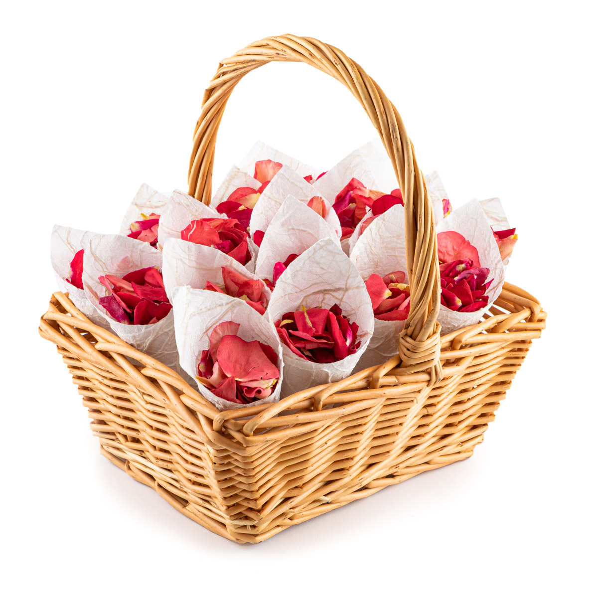A rectangular basket filled with 20 confetti cones and red and pink rose petal confetti