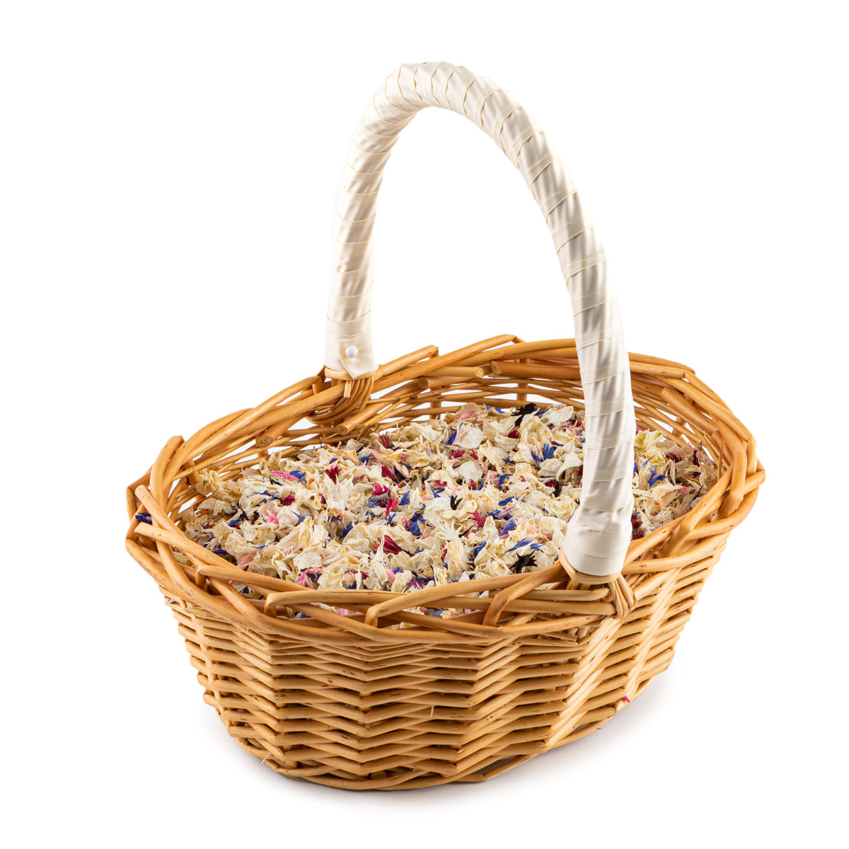 An Oval basket filled with flower petal confetti