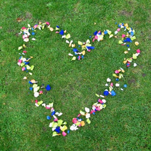 A heart shaped decoration made with coloured rose petals