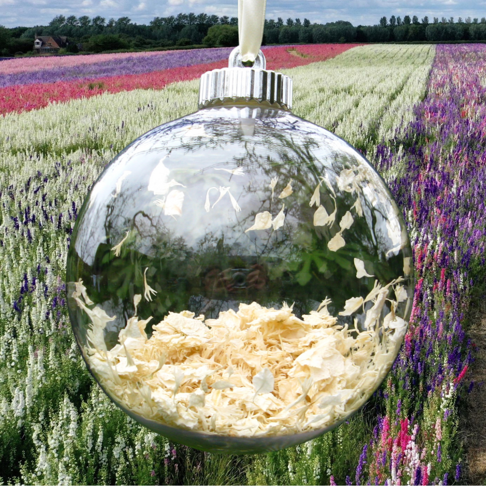 A confetti Snow Baubles superimposed over a photo of the colourful Confetti Flower Field.