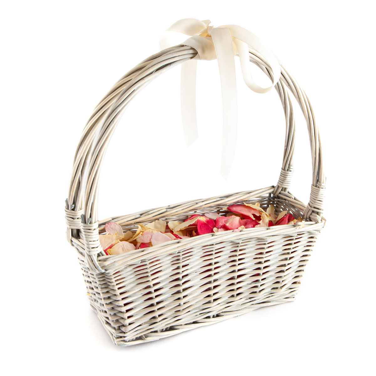 A Small White Basket filled with Rose Petal Confetti
