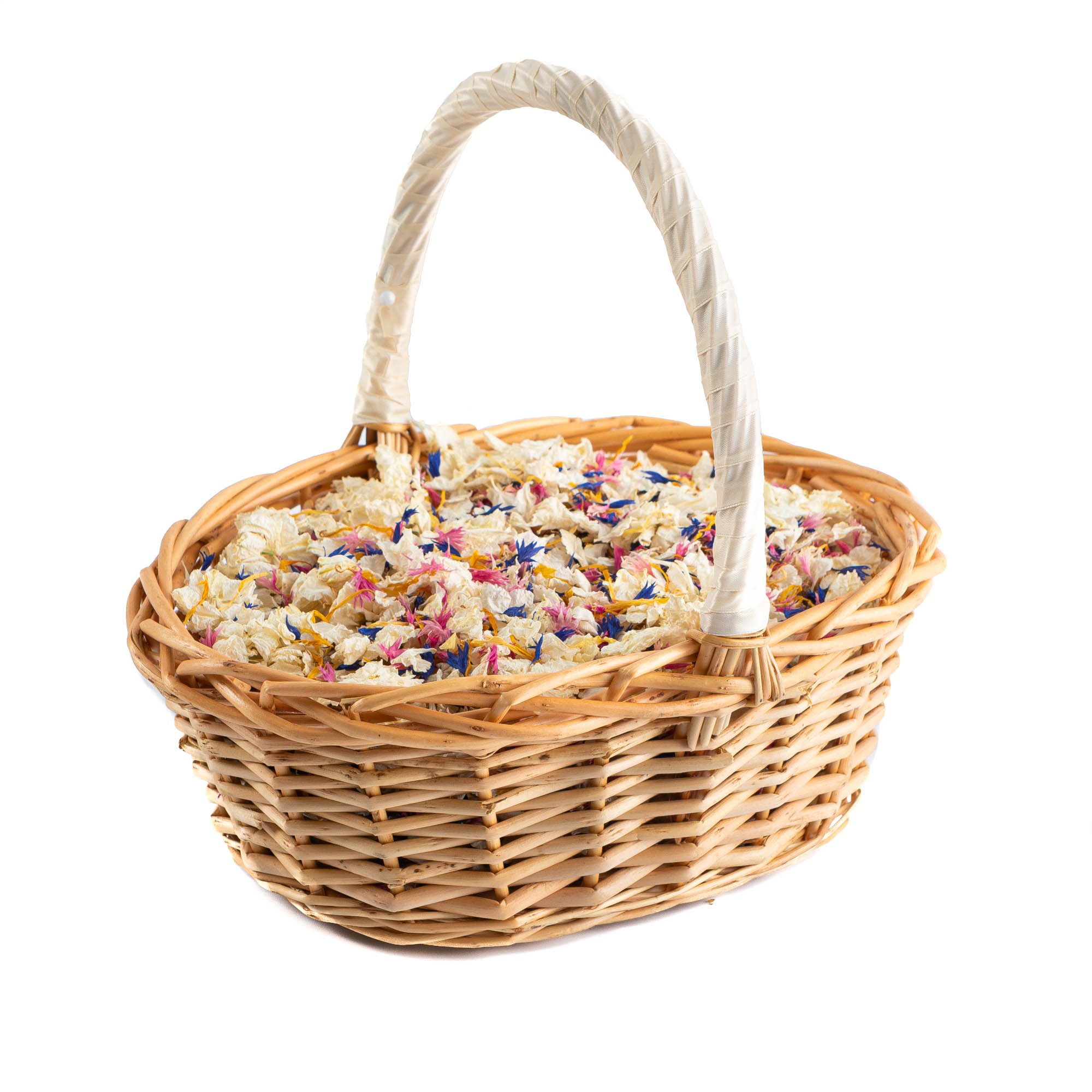 An oval basket containing Lovely Mix Delphinium & Wildflower Petals.