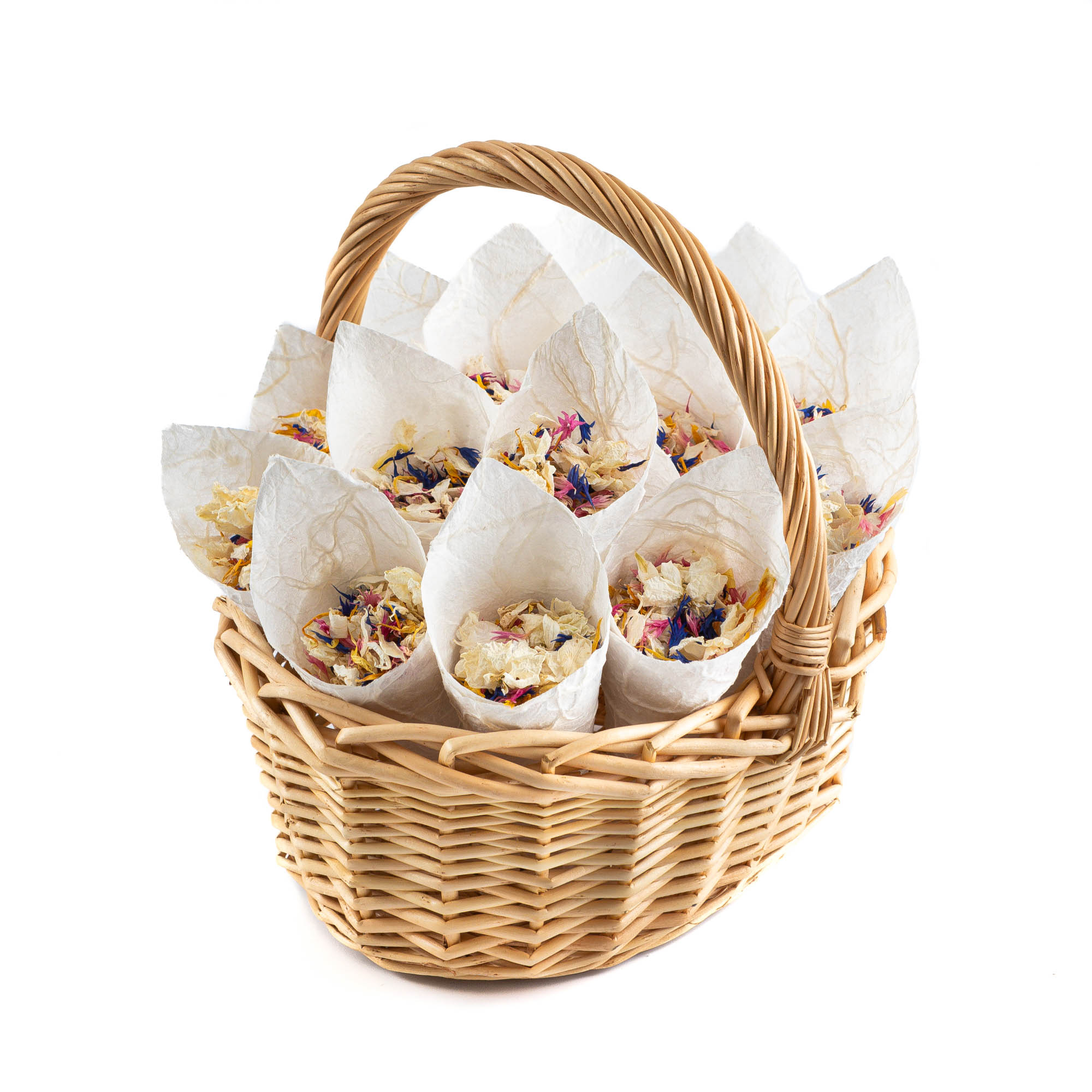 An oval basket containing 20 confetti cones of Lovely Mix Delphinium & Wildflower Petals.