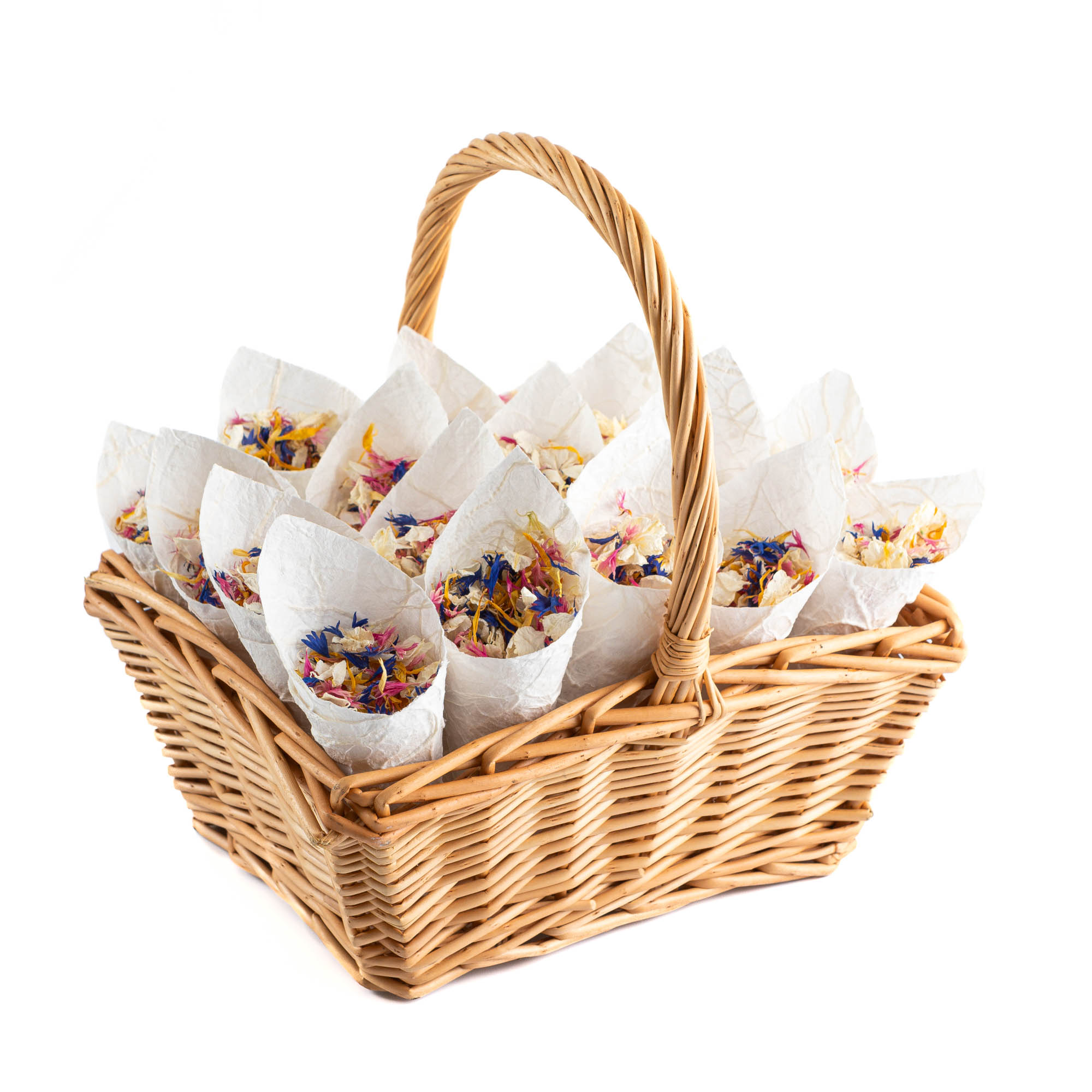 A rectangular basket containing 20 confetti cones of Lovely Mix Delphinium & Wildflower Petals.